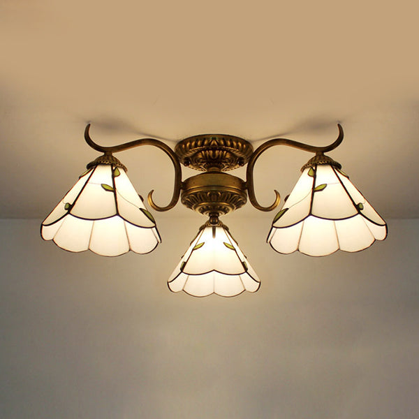 White Stained Glass Ceiling Light with Leaf/Flower/Diamond Pattern - 3-Light Semi Flushmount