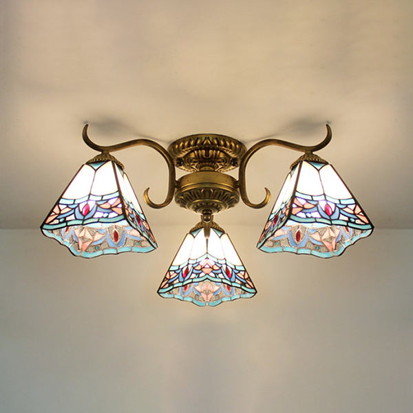 White Stained Glass Ceiling Light with Leaf/Flower/Diamond Pattern - 3-Light Semi Flushmount