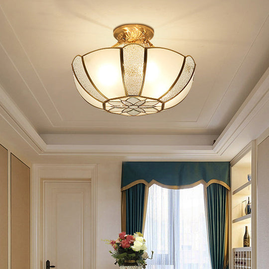 Golden Dome Ceiling Light: Classic Metal, 3 Lights, Semi Flush Mount with White Beveled Glass Shade