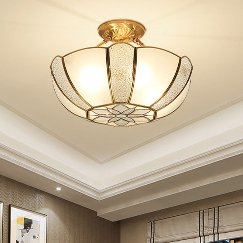 Golden Dome Ceiling Light: Classic Metal, 3 Lights, Semi Flush Mount with White Beveled Glass Shade