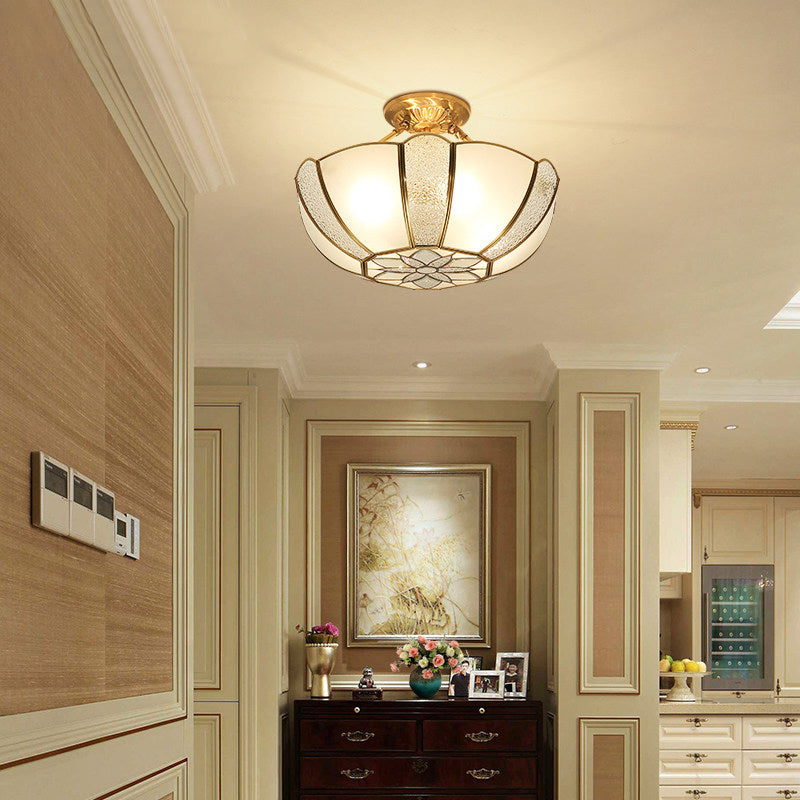 Golden Dome Ceiling Light: Classic Metal, 3 Lights, Semi Flush Mount with White Beveled Glass Shade