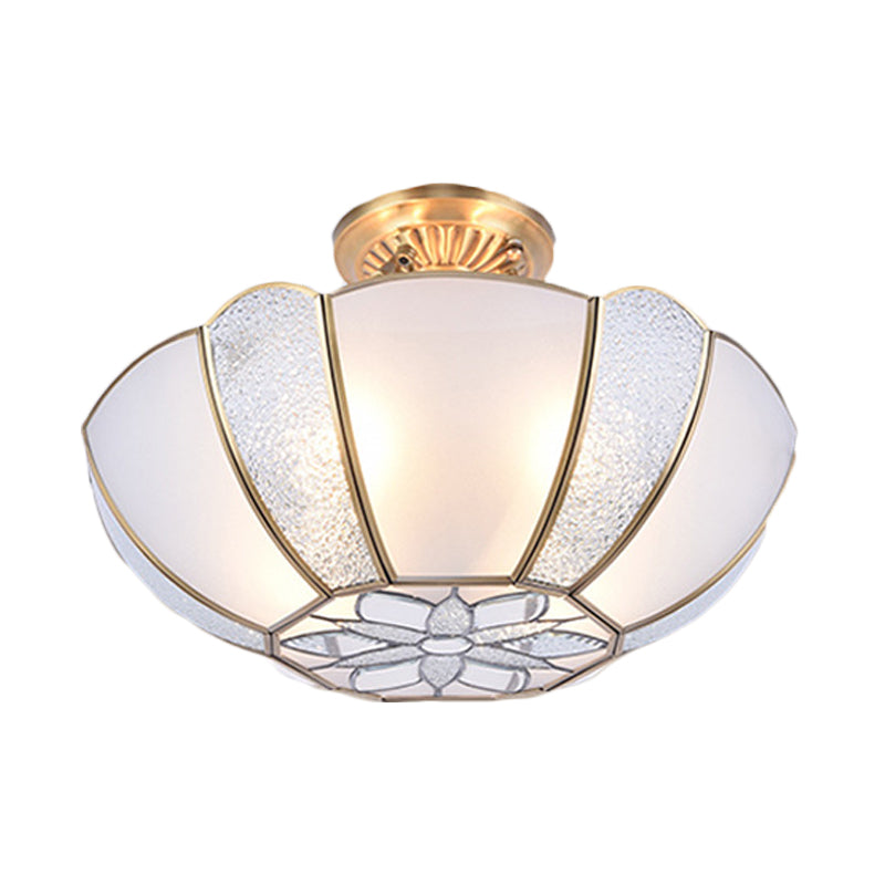 Golden Dome Ceiling Light: Classic Metal, 3 Lights, Semi Flush Mount with White Beveled Glass Shade