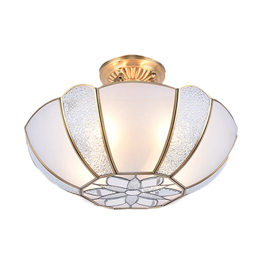 Golden Dome Ceiling Light: Classic Metal, 3 Lights, Semi Flush Mount with White Beveled Glass Shade