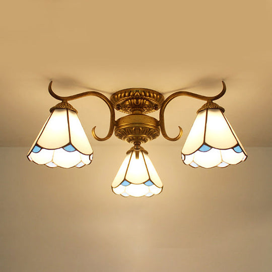 White Stained Glass Ceiling Light with Leaf/Flower/Diamond Pattern - 3-Light Semi Flushmount