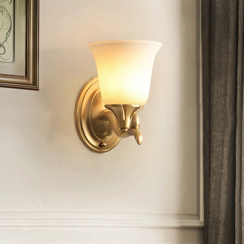 Modern Bell White Glass Wall Light Fixture - Brass 1/2-Head Living Room Lamp 1 /