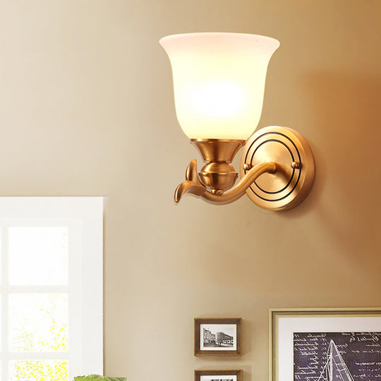 Modern Brass Finish Wall Lamp With White Glass Flared Shade - Bedroom Sconce Fixture 1 /