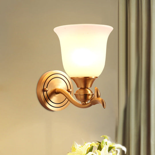 Modern Brass Finish Wall Lamp With White Glass Flared Shade - Bedroom Sconce Fixture