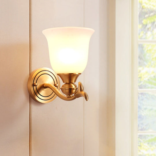 Modern Brass Finish Wall Lamp With White Glass Flared Shade - Bedroom Sconce Fixture