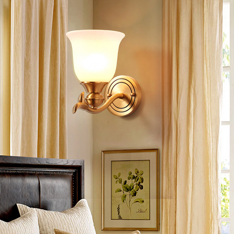 Modern Brass Finish Wall Lamp With White Glass Flared Shade - Bedroom Sconce Fixture