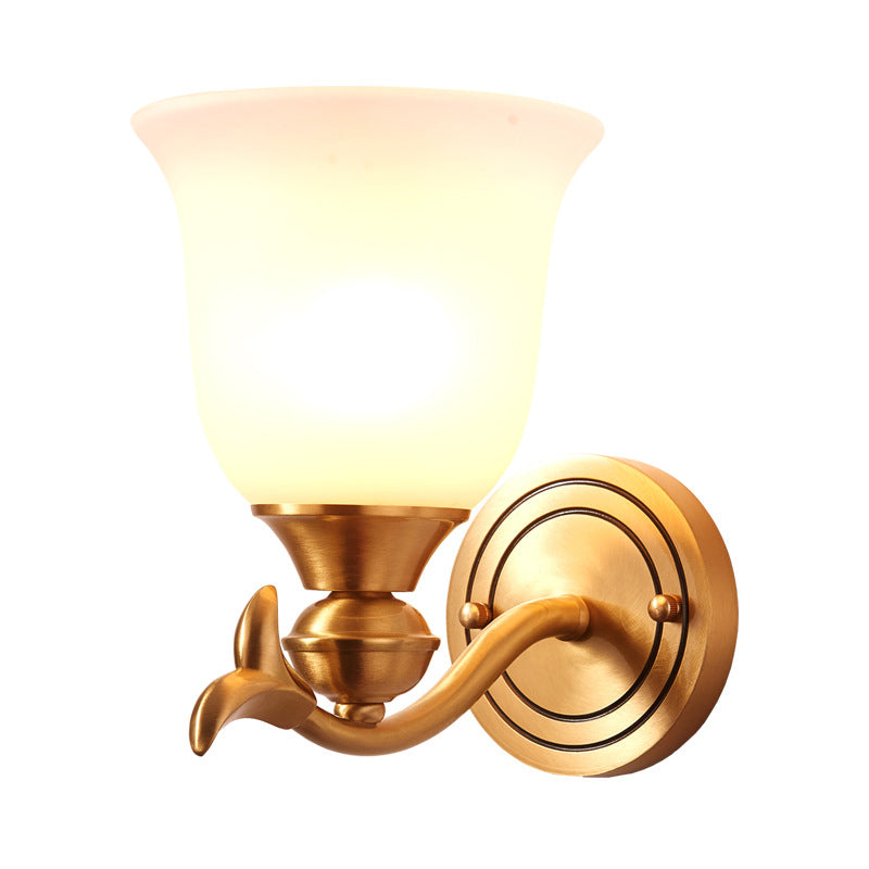 Modern Brass Finish Wall Lamp With White Glass Flared Shade - Bedroom Sconce Fixture