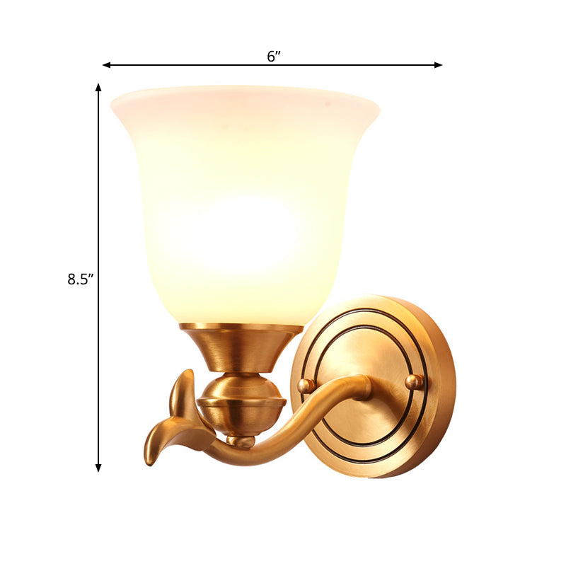 Modern Brass Finish Wall Lamp With White Glass Flared Shade - Bedroom Sconce Fixture