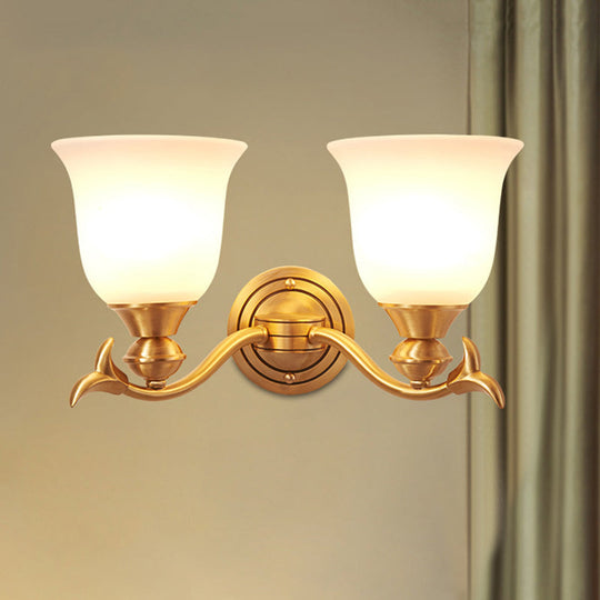 Modern Brass Finish Wall Lamp With White Glass Flared Shade - Bedroom Sconce Fixture 2 /