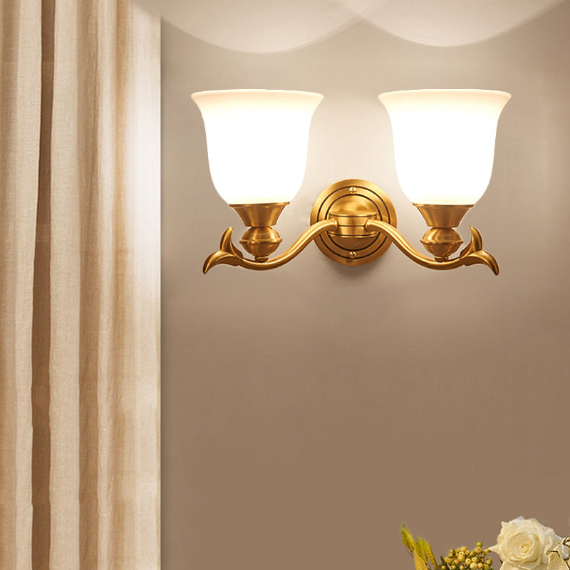 Modern Brass Finish Wall Lamp With White Glass Flared Shade - Bedroom Sconce Fixture