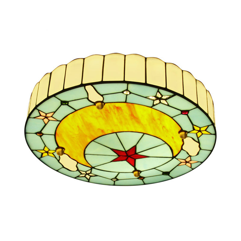 12/16 W Moon Flush Ceiling Light: Modern Tiffany Stained Glass Semi Mount In Blue