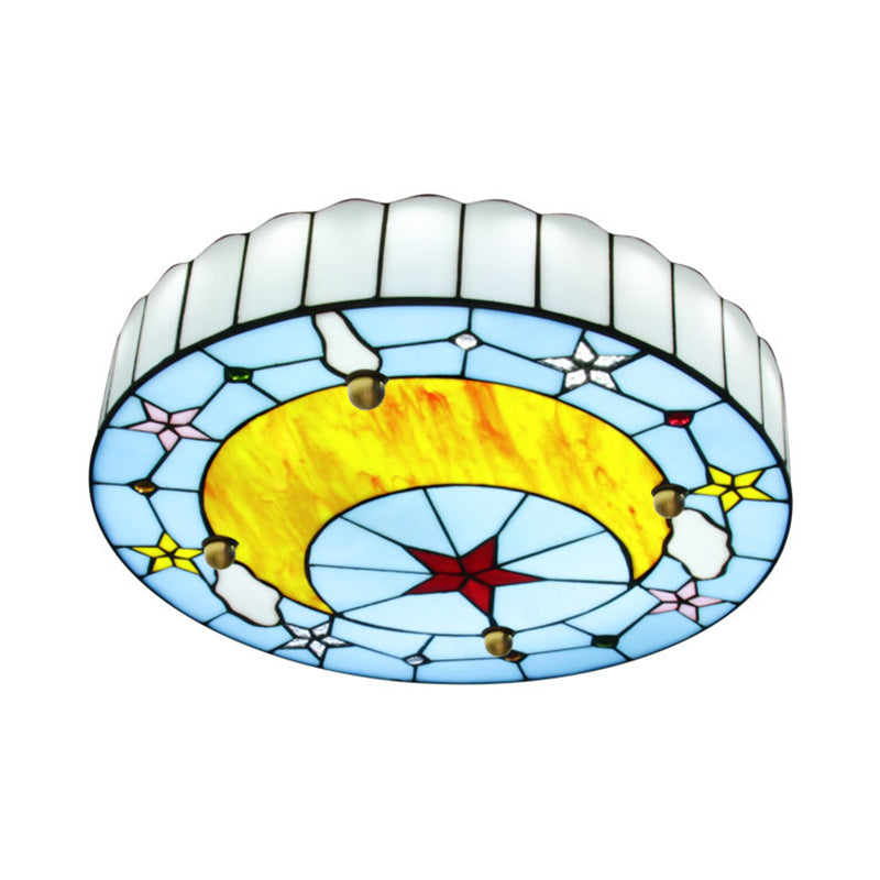 12"/16" W Moon Flush Ceiling Light: Modern Tiffany Stained Glass Semi Flush Mount in Blue