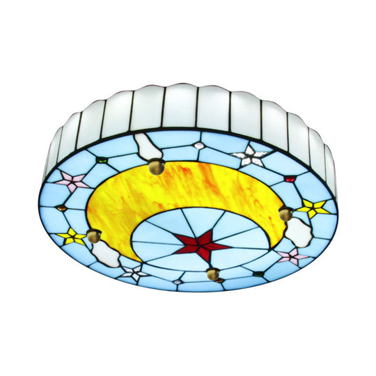 12"/16" W Moon Flush Ceiling Light: Modern Tiffany Stained Glass Semi Flush Mount in Blue