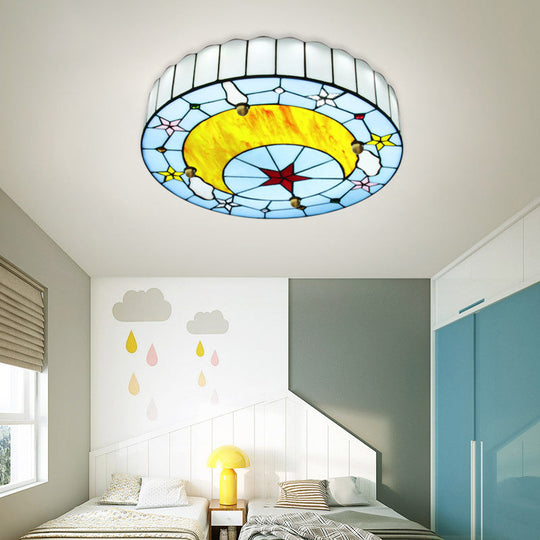 12"/16" W Moon Flush Ceiling Light: Modern Tiffany Stained Glass Semi Flush Mount in Blue