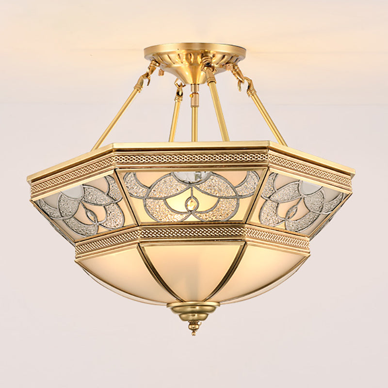 Vintage Frosted Glass Brass Bowl Semi Flush Mount - 4 Lights - Living Room Lighting