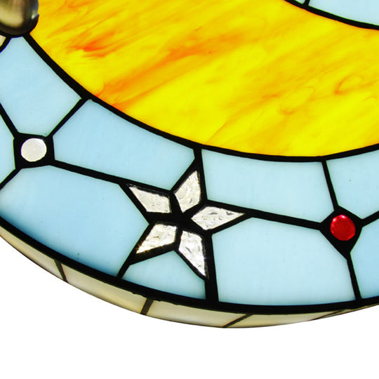 12"/16" W Moon Flush Ceiling Light: Modern Tiffany Stained Glass Semi Flush Mount in Blue