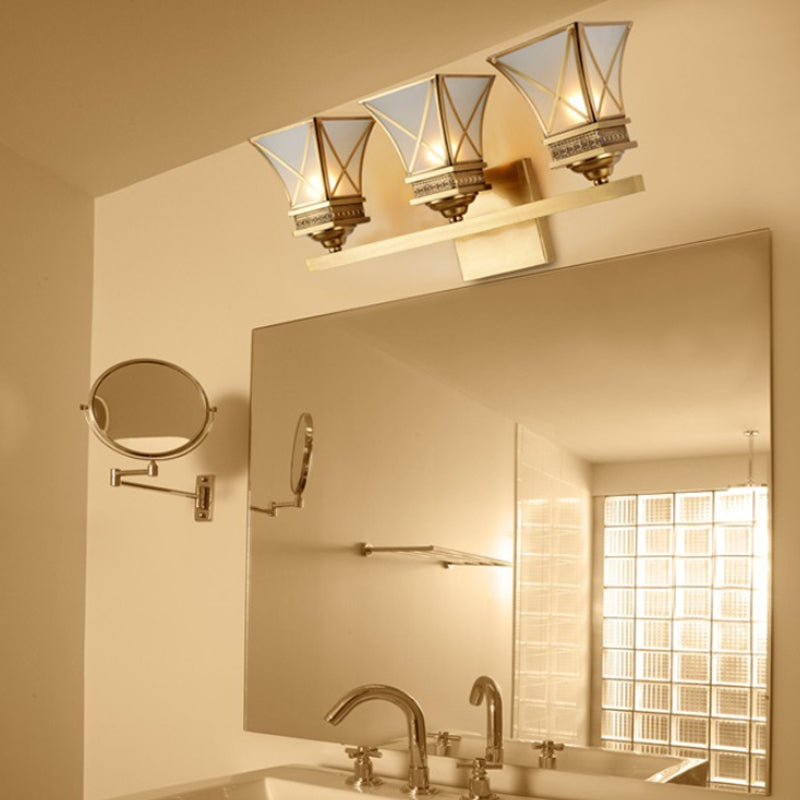 Traditional Brass Bell Vanity Light: Stylish 3-Light Bathroom Wall Sconce With Frosted Glass Shade