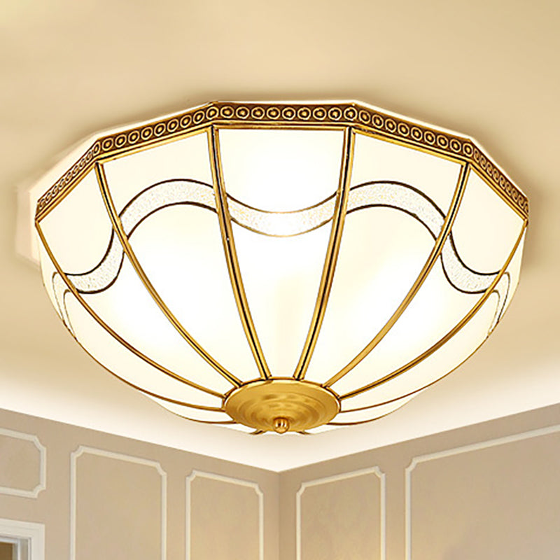 Brass Inverted Flush Ceiling Lamp with Milky Glass, 4 Lights and Wave Pattern - Ideal for bedrooms