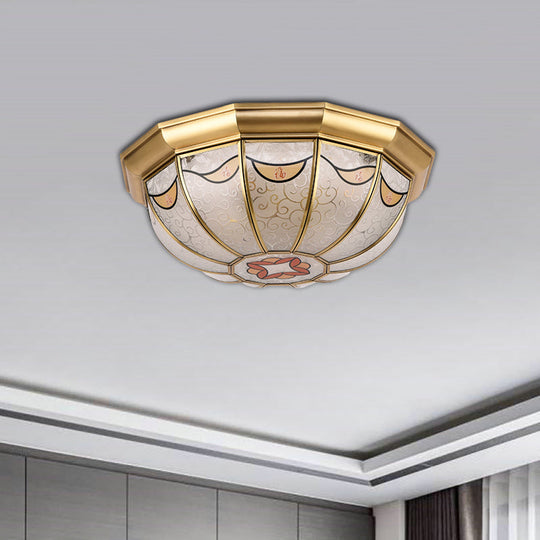 Traditional Brass Domed Shade Flush Ceiling Light with Frosted Glass - 4-Light Flush Mount for Dining Room Lighting, Elegant Flower Pattern