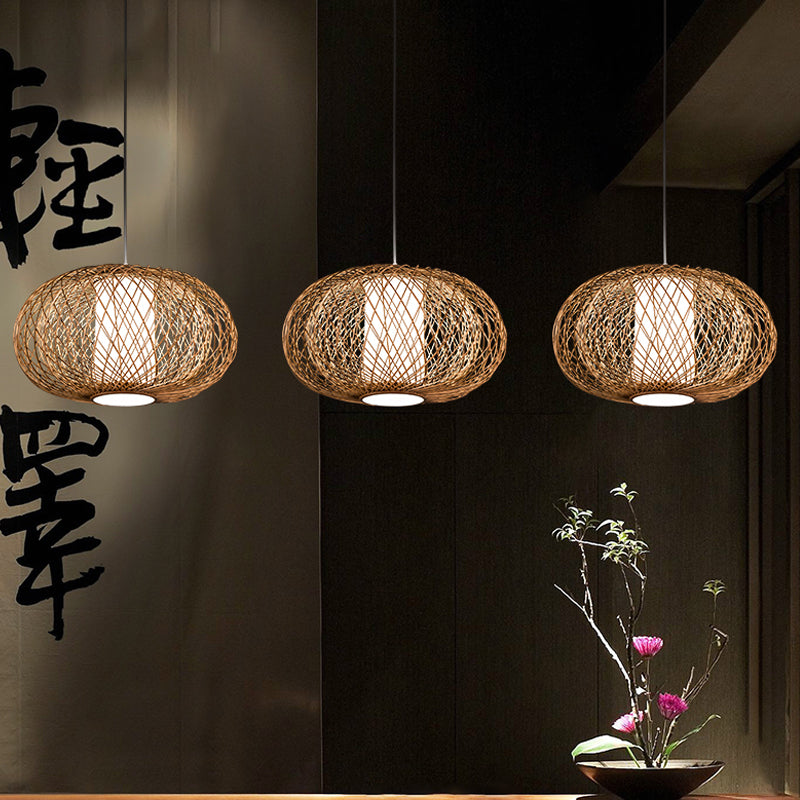 Rustic Bamboo Lantern Pendant Light for Teahouse - Wooden Ceiling Lamp with 1 Bulb