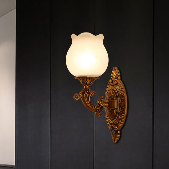 Stylish Petal Milk Glass Wall Light Sconce With 1 Bulb - Traditional Bedroom Mount In Gold Brass