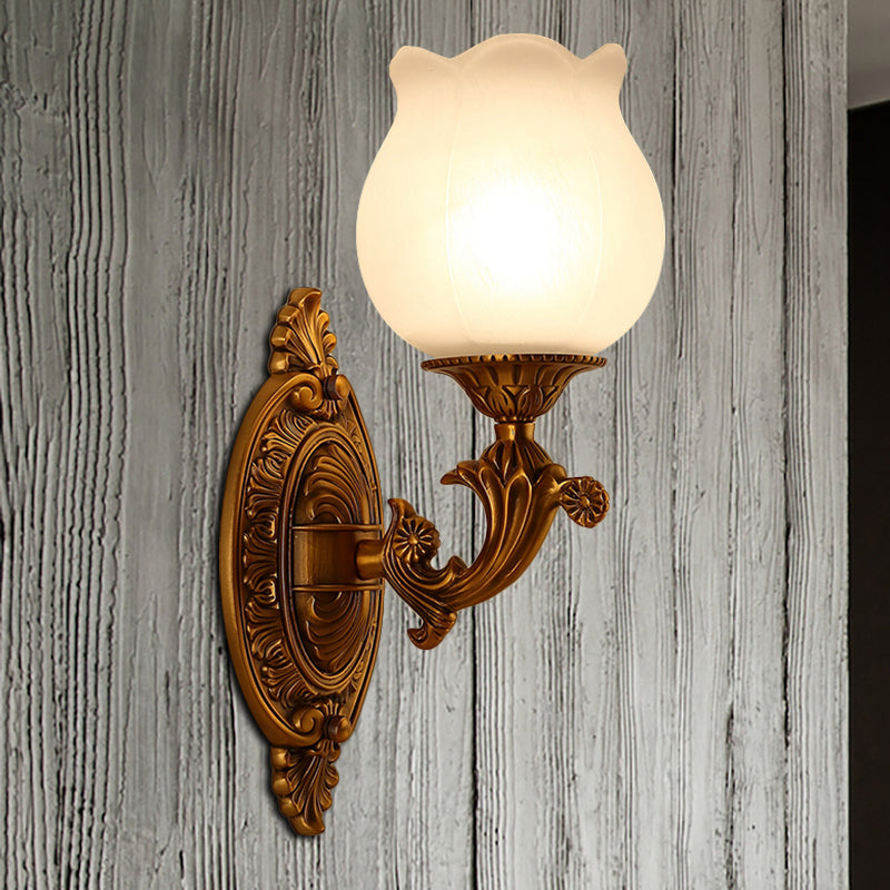 Stylish Petal Milk Glass Wall Light Sconce With 1 Bulb - Traditional Bedroom Mount In Gold