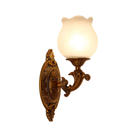 Stylish Petal Milk Glass Wall Light Sconce With 1 Bulb - Traditional Bedroom Mount In Gold