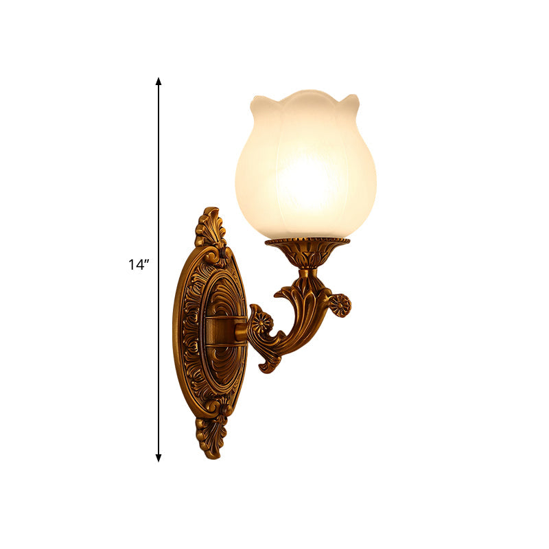 Stylish Petal Milk Glass Wall Light Sconce With 1 Bulb - Traditional Bedroom Mount In Gold