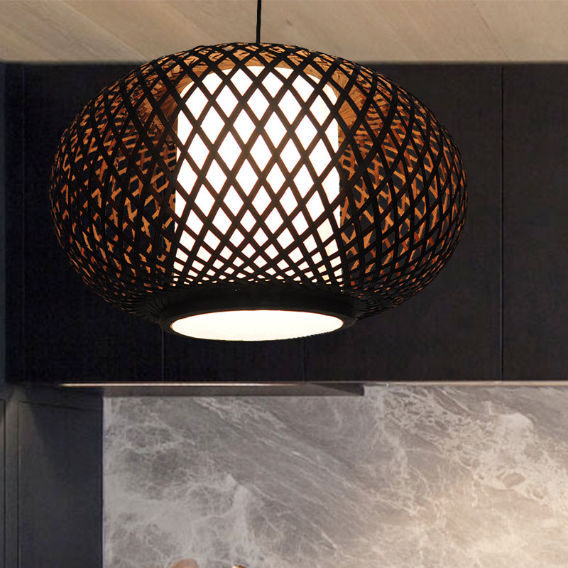 Bamboo Pendant Light with Pumpkin Design, Perfect for Restaurant - 1 Bulb Hanging Kit