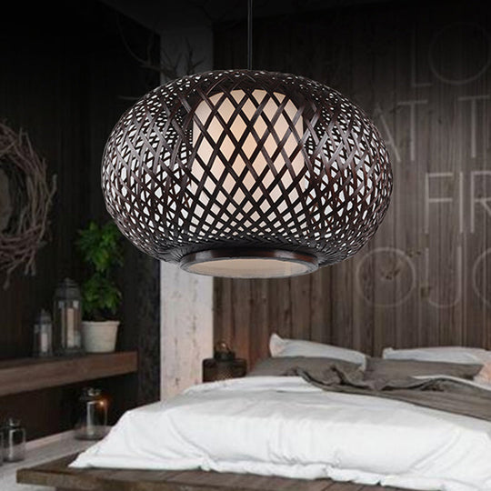 Bamboo Pendant Light with Pumpkin Design, Perfect for Restaurant - 1 Bulb Hanging Kit