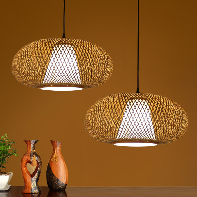 Curved Bamboo Pendant Drum Light with Tradition Design - 12"/14"/16" Wide Hanging Lamp Kit