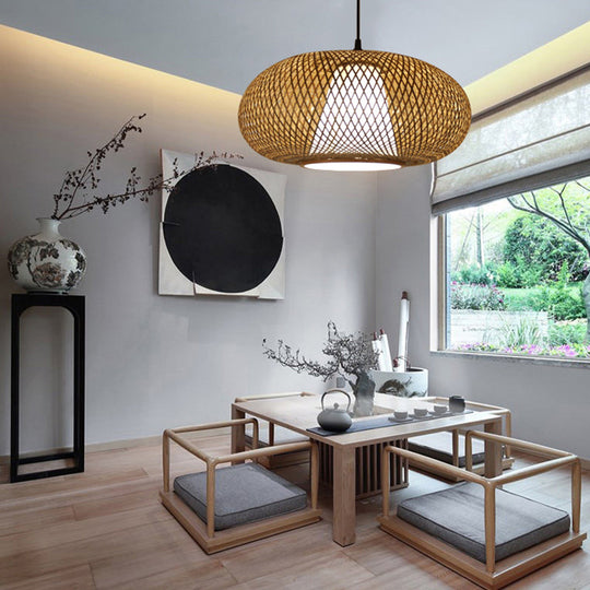 Curved Bamboo Pendant Drum Light with Tradition Design - 12"/14"/16" Wide Hanging Lamp Kit