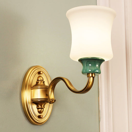 Vintage Style Metal Wall Sconce With Gold Finish Bell Design And Milky Glass Shade