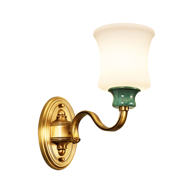 Vintage Style Metal Wall Sconce With Gold Finish Bell Design And Milky Glass Shade