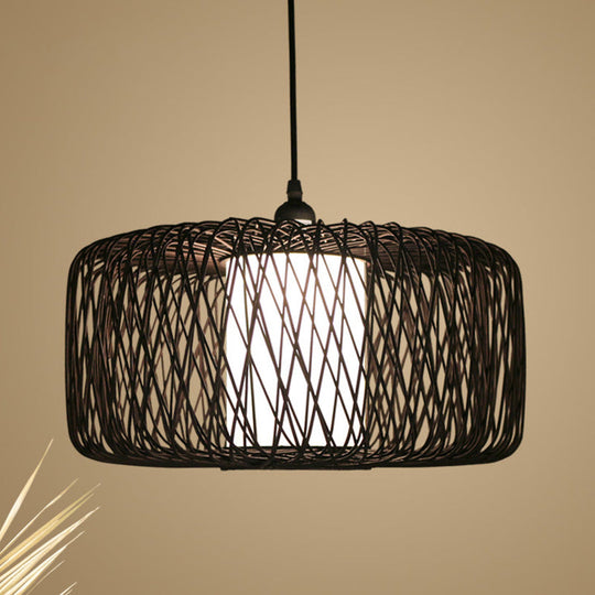 Cylinder Suspension Pendant Bamboo Hanging Light Kit Contemporary Design 1 Bulb Black/Wood Finish