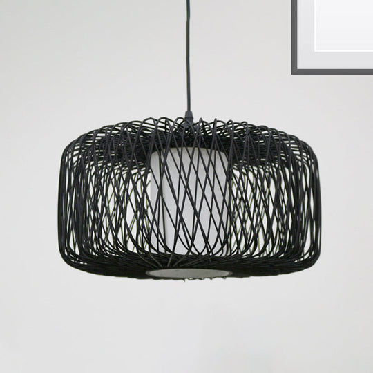 Cylinder Bamboo Suspension Pendant Light Kit - Contemporary Design, Black/Wood Finish, 1 Bulb - 16"/23.5" Wide