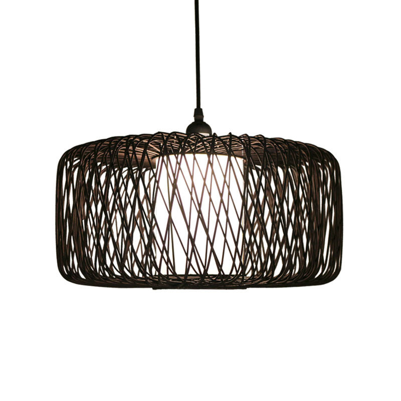 Cylinder Bamboo Suspension Pendant Light Kit - Contemporary Design, Black/Wood Finish, 1 Bulb - 16"/23.5" Wide