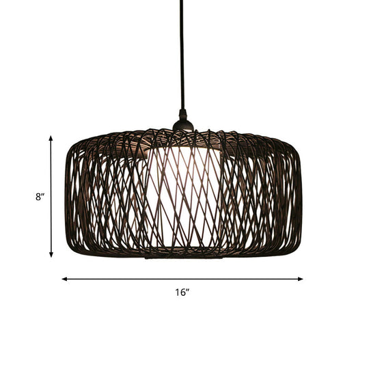 Cylinder Bamboo Suspension Pendant Light Kit - Contemporary Design, Black/Wood Finish, 1 Bulb - 16"/23.5" Wide