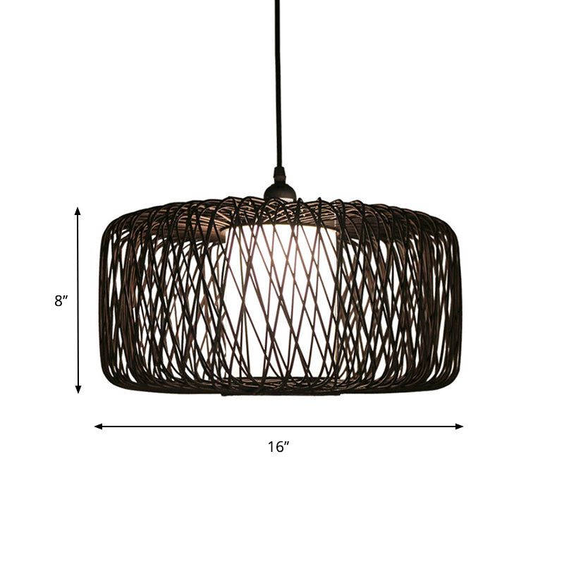 Cylinder Suspension Pendant Bamboo Hanging Light Kit Contemporary Design 1 Bulb Black/Wood Finish