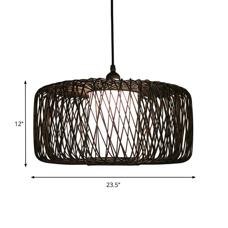 Cylinder Bamboo Suspension Pendant Light Kit - Contemporary Design, Black/Wood Finish, 1 Bulb - 16"/23.5" Wide