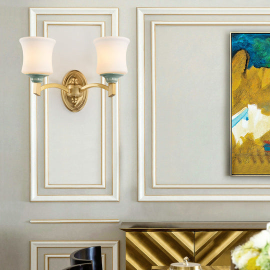 Modern Bell Shade Wall Light Sconce In Gold For Dining Room With Frosted Glass