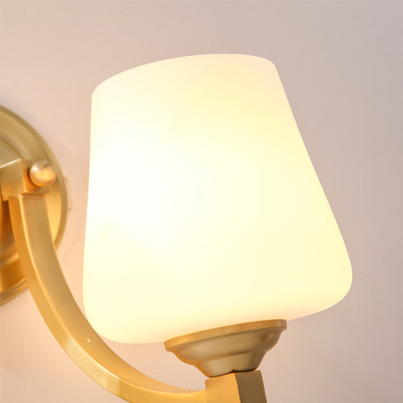 Modern Gold 1/2-Bulb Wall Sconce Lamp With White Glass Cup Design For Bedroom Lighting