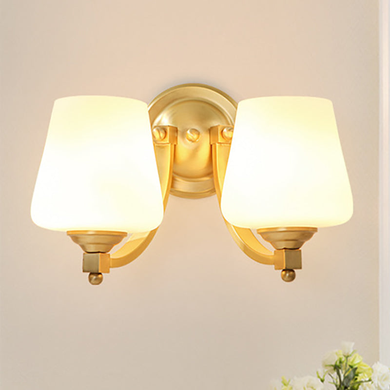 Modern Gold 1/2-Bulb Wall Sconce Lamp With White Glass Cup Design For Bedroom Lighting 2 /