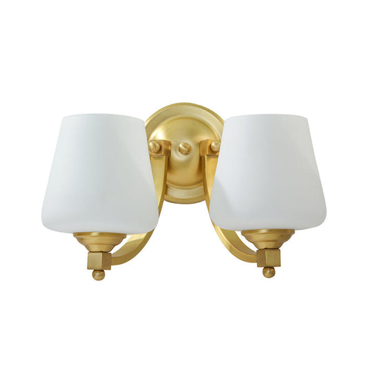 Modern Gold 1/2-Bulb Wall Sconce Lamp With White Glass Cup Design For Bedroom Lighting