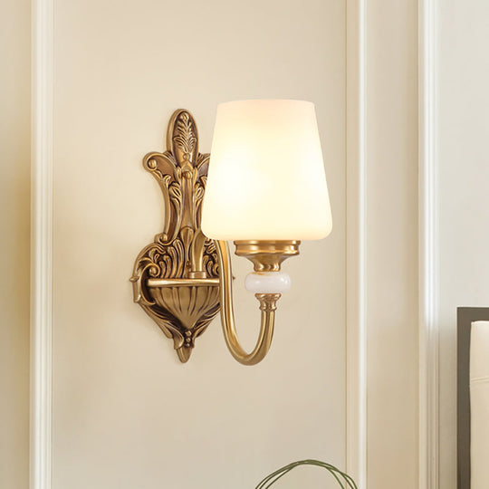 Vintage-Style Opal Glass Tapered Sconce Light With Golden Gooseneck Arm - Bedroom Wall Mount 1 /