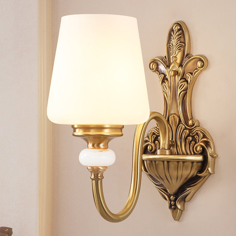 Vintage-Style Opal Glass Tapered Sconce Light With Golden Gooseneck Arm - Bedroom Wall Mount