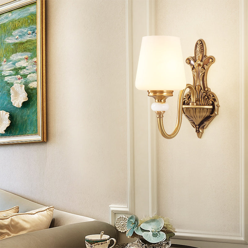 Vintage-Style Opal Glass Tapered Sconce Light With Golden Gooseneck Arm - Bedroom Wall Mount